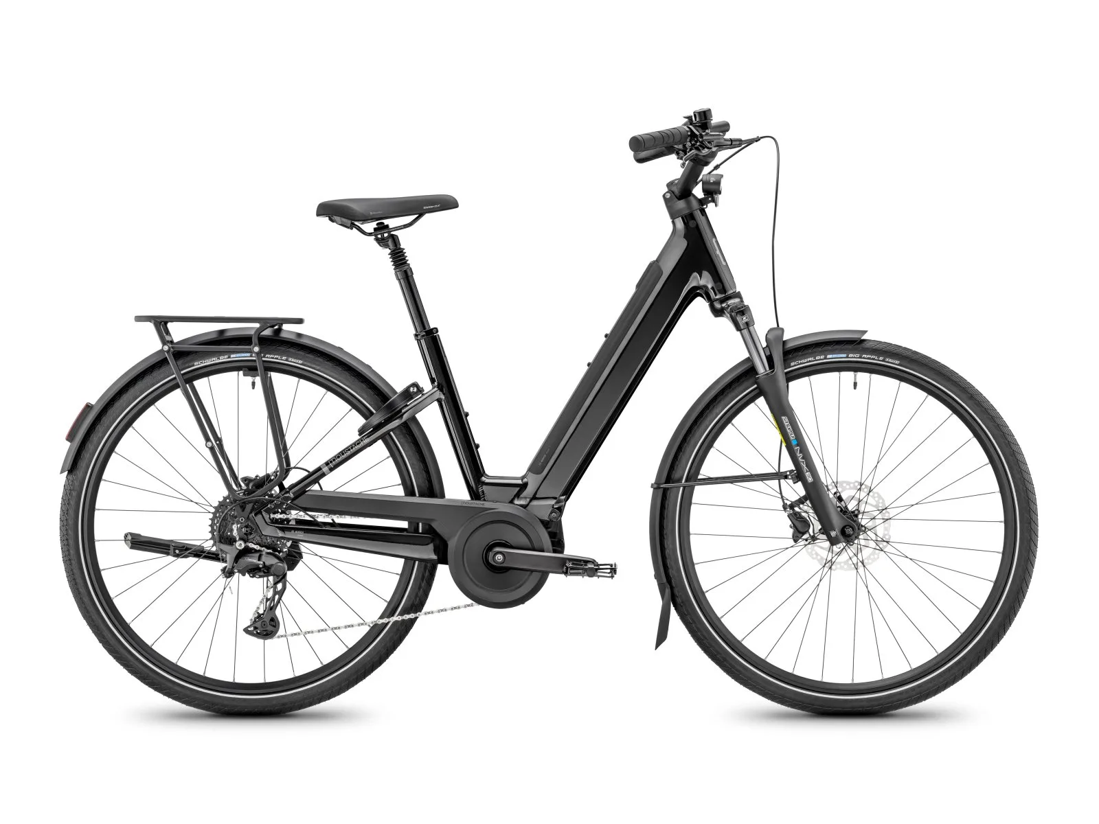 Moustache Samedi 28 ES noir vu de profil : vélo électrique à cadre ouvert, porte-bagages, garde-boue et éclairage.