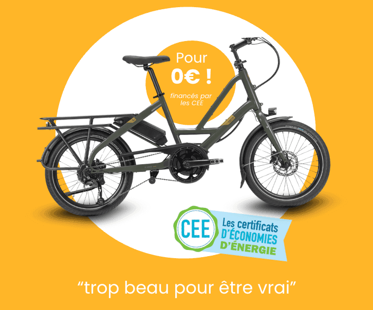 A dark green electric bicycle is shown, with text indicating it is available for €0, financed by CEE.